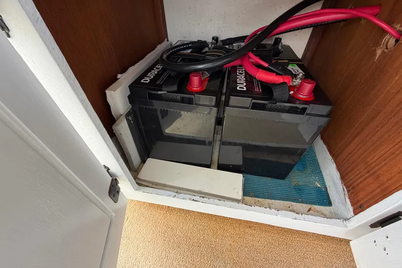 Frayed Knot Yacht Photos Pics Batteries installed in a 1987 Viking 44 Motor Yacht compartment.