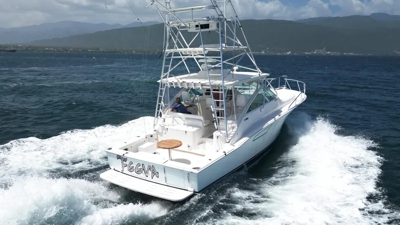 Feeva Yacht Photos Pics 2007 Cabo 40 Hardtop Express cruising on open water, showcasing sleek design and powerful performance.