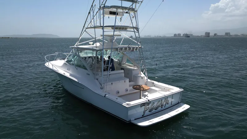 Feeva Yacht Photos Pics 2007 Cabo 40 Hardtop Express boat on open water, featuring a sleek design and fishing tower.