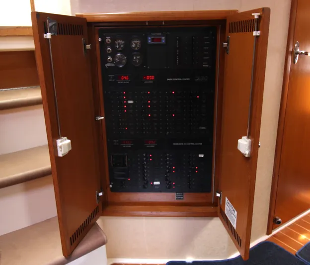 Feeva Yacht Photos Pics Electrical control panel inside a 2007 Cabo 40 Hardtop Express yacht.