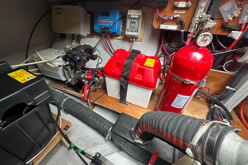  Yacht Photos Pics Electrical and safety equipment inside a 2022 Lagoon 46 yacht engine room.