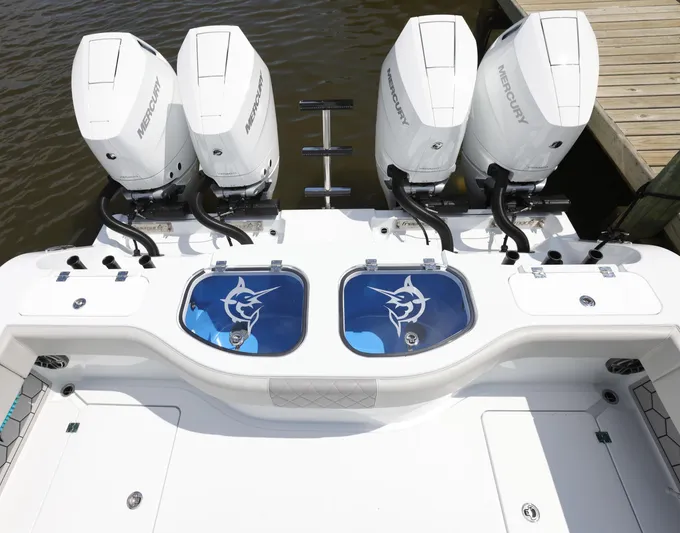 Brand New Yacht Photos Pics Freeman 42 LR 2025 boat with four Mercury outboard engines at dock.
