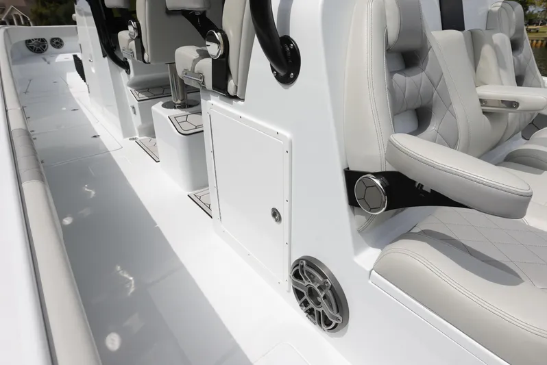 Brand New Yacht Photos Pics Luxury seating on a 2025 Freeman 42 LR boat, featuring sleek design and premium materials.