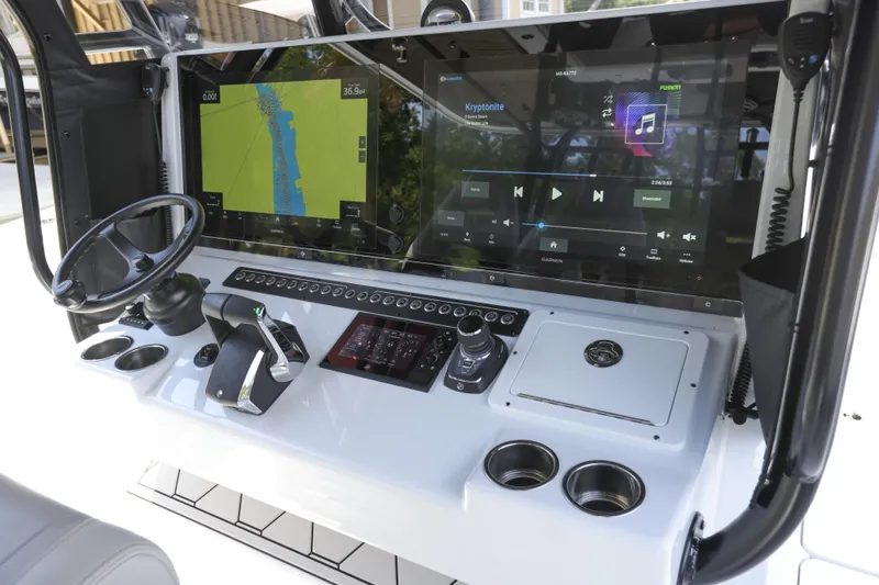 Brand New Yacht Photos Pics Modern dashboard of 2025 Freeman 42 LR boat with navigation and control systems.