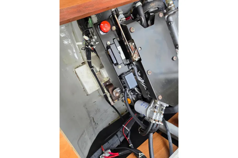 Arias Song Yacht Photos Pics Engine compartment of a 2016 Lagoon 400 S2 catamaran, showing mechanical components.