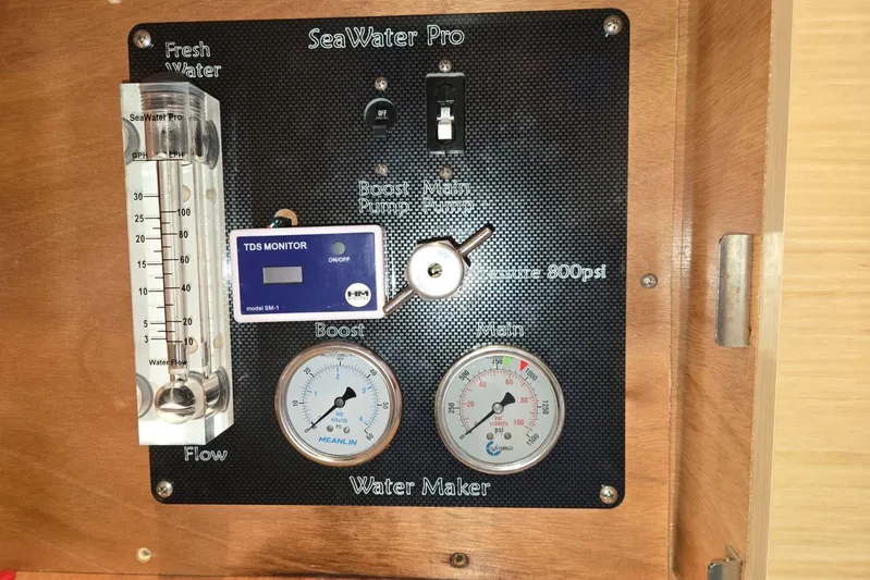 Arias Song Yacht Photos Pics Control panel of SeaWater Pro water maker on 2016 Lagoon 400 S2 yacht.
