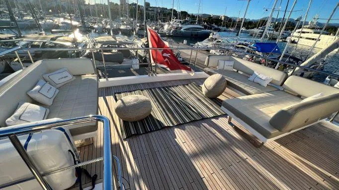  Yacht Photos Pics Luxurious 2018 Azimut 72 yacht deck with elegant seating and scenic marina view.