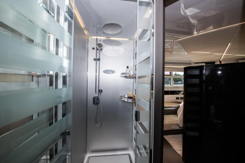Another Chance III Yacht Photos Pics Luxurious shower in 2021 Azimut S7 yacht, featuring modern design and amenities.