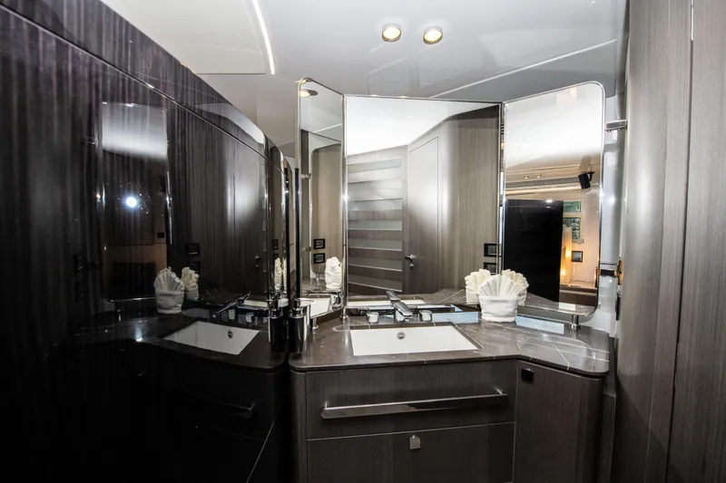 Another Chance III Yacht Photos Pics Luxurious bathroom interior of 2021 Azimut S7 yacht with modern fixtures and elegant design.