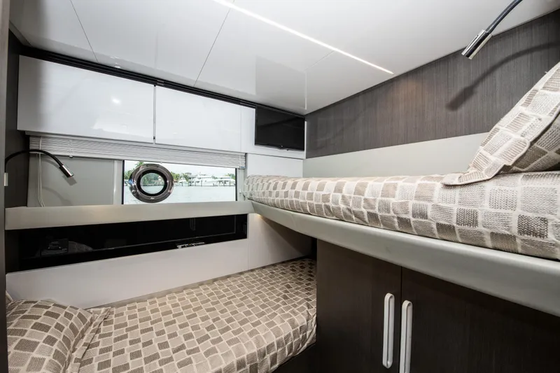 Another Chance III Yacht Photos Pics 2021 Azimut S7 yacht interior with modern bunk beds and sleek design.
