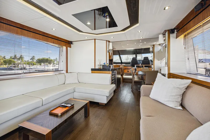  Yacht Photos Pics Luxurious interior of 2014 Sunseeker Manhattan 73 yacht with elegant seating and modern design.