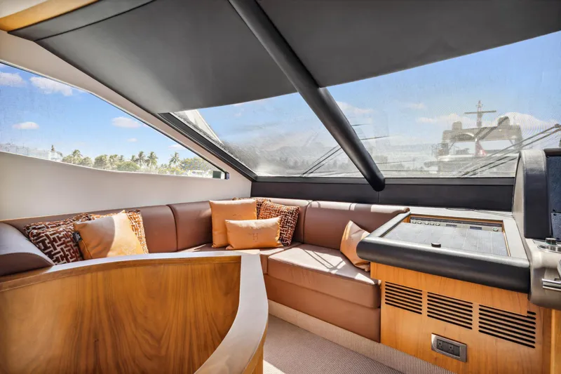  Yacht Photos Pics Luxurious interior of 2014 Sunseeker Manhattan 73 yacht with plush seating and panoramic windows.