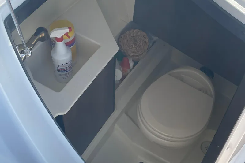  Yacht Photos Pics 2018 Monterey 328 Super Sport boat bathroom with sink and toilet.