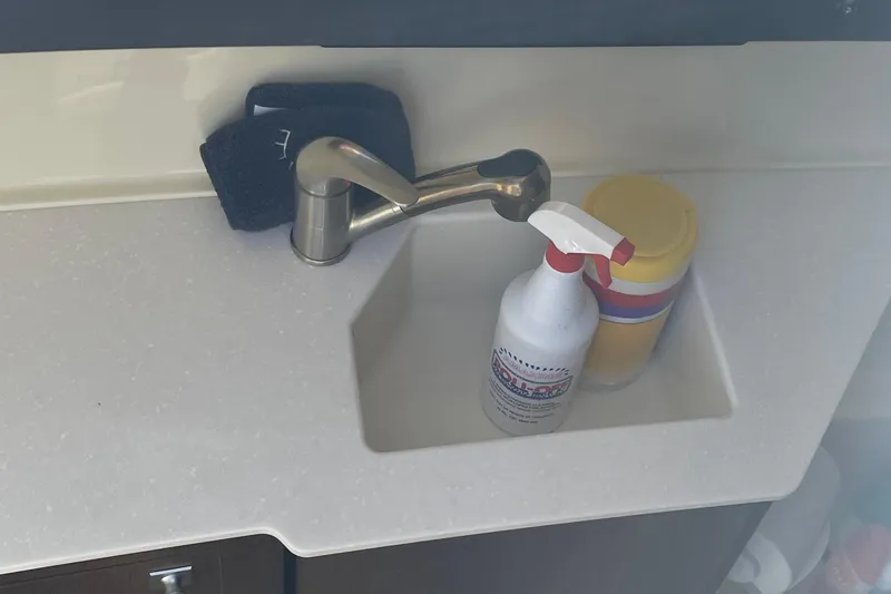  Yacht Photos Pics Sink area in 2018 Monterey 328 Super Sport with cleaning supplies and faucet.