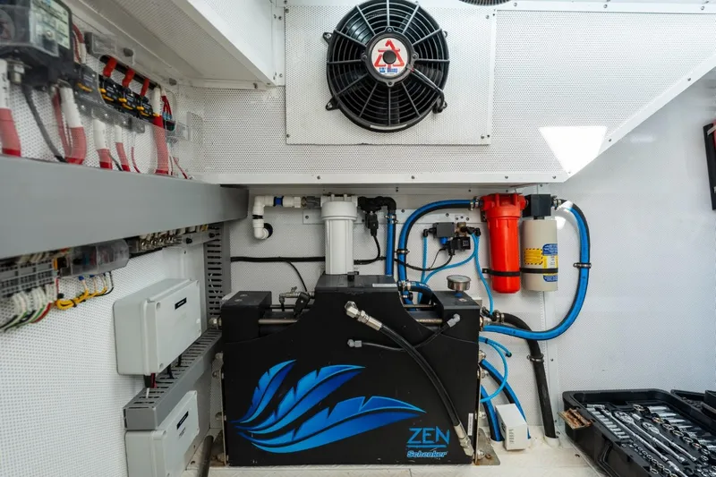 Bikini Bottom Yacht Photos Pics Engine room of 2023 Granocean 57 yacht with advanced equipment and wiring.