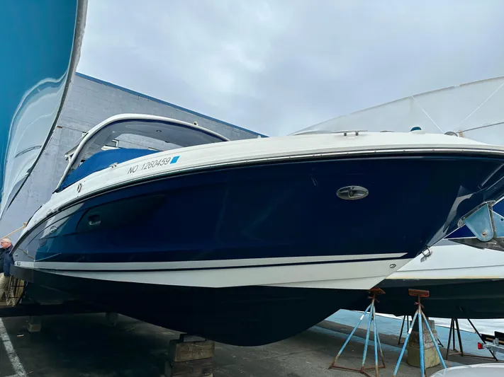 Sea Of O Yacht Photos Pics 2015 Sea Ray 350 SLX boat on stands, blue and white hull, outdoor storage.