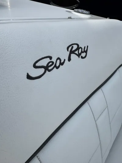 Sea Of O Yacht Photos Pics 2015 Sea Ray 350 SLX boat with white upholstery and logo detail.