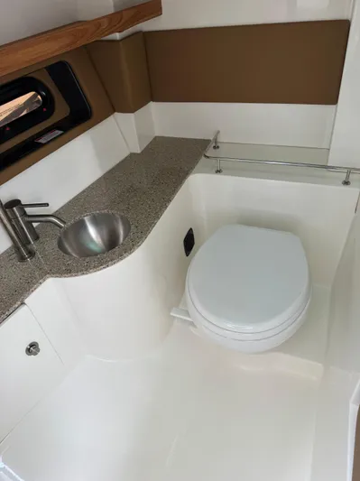Sea Of O Yacht Photos Pics 2015 Sea Ray 350 SLX boat bathroom with sink and toilet.