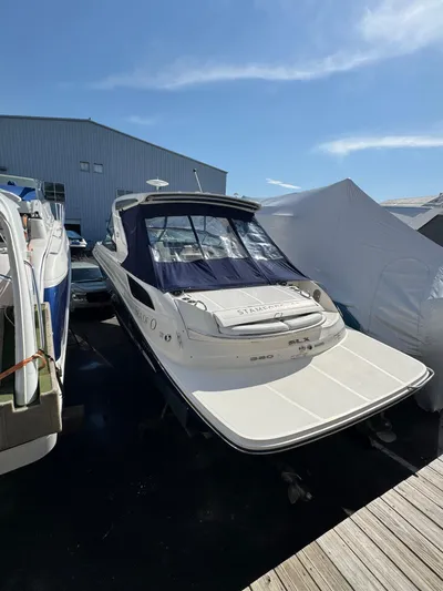 Sea Of O Yacht Photos Pics 2015 Sea Ray 350 SLX boat docked under clear blue sky.