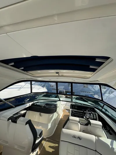 Sea Of O Yacht Photos Pics 2015 Sea Ray 350 SLX boat interior with open sunroof and luxurious seating.