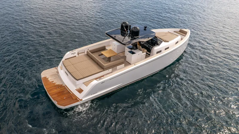  Yacht Photos Pics 2024 Pardo Yachts 50 cruising on open water, showcasing sleek design and spacious deck.
