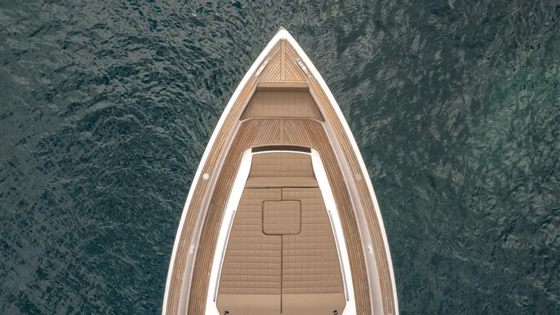  Yacht Photos Pics Aerial view of 2024 Pardo Yachts 50 on water, showcasing sleek design and deck layout.