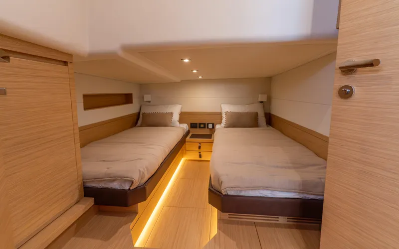  Yacht Photos Pics 2024 Pardo Yachts 50 cabin with twin beds and modern wood finish.