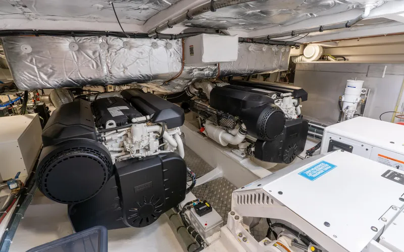  Yacht Photos Pics Engine room of 2024 Pardo Yachts 50, showcasing dual engines and mechanical systems.