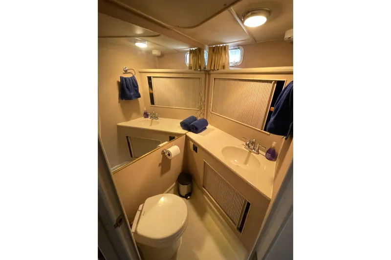 Blue Fish Yacht Photos Pics Bathroom interior of 1988 Tollycraft 44CPMY yacht, featuring sink, toilet, and mirror.