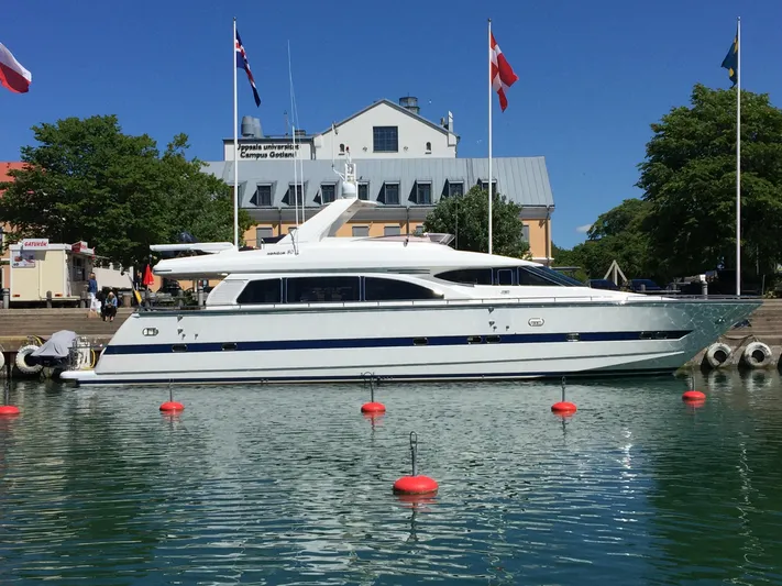 Yacht Photos Pics Luxury Horizon Elegance 80 yacht docked at marina, clear blue sky, flags flying.