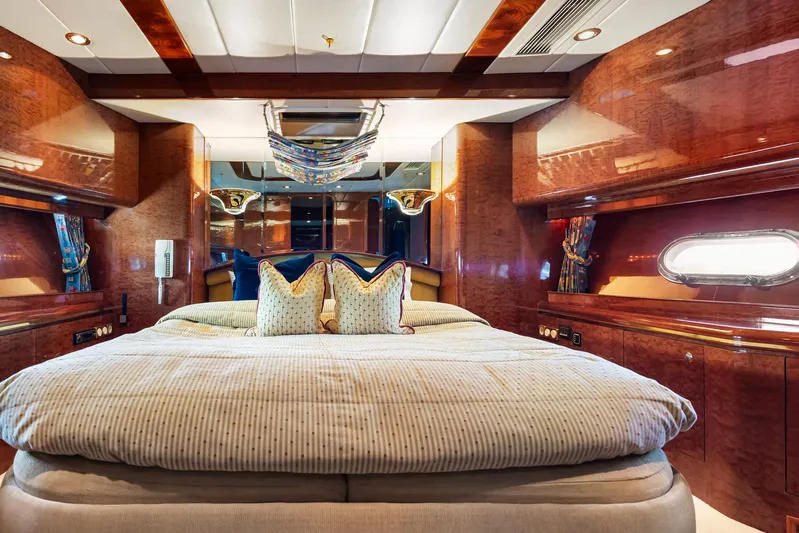 Yacht Photos Pics Luxurious bedroom interior on 2000 Horizon Elegance 80 yacht with elegant wood finish.