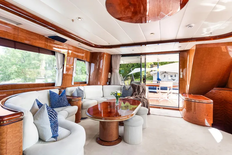  Yacht Photos Pics Luxurious interior of 2000 Horizon Elegance 80 yacht with plush seating and elegant wood finishes.