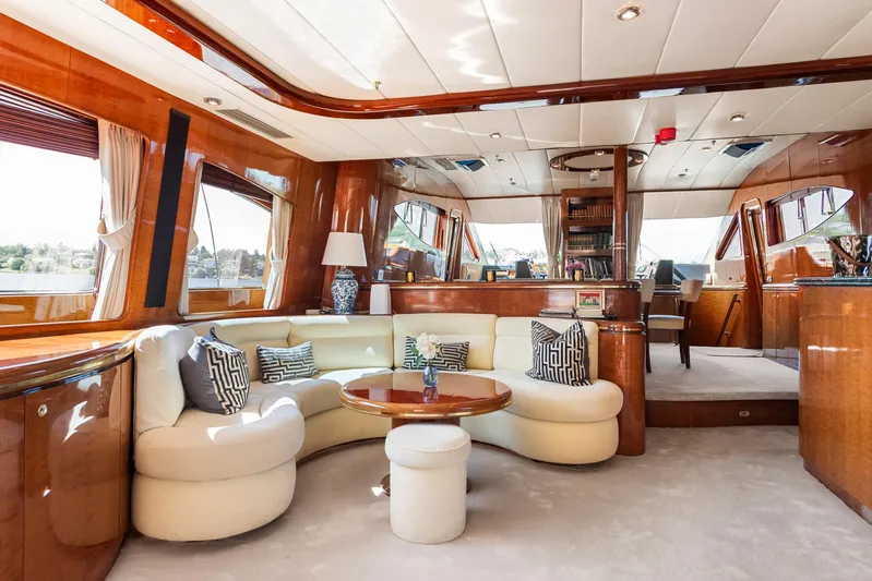  Yacht Photos Pics Luxurious interior of 2000 Horizon Elegance 80 yacht with elegant seating and wooden finishes.