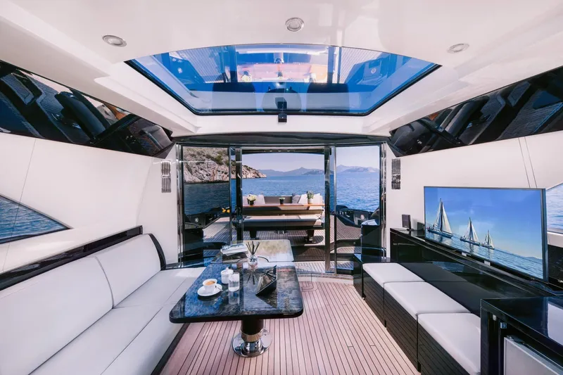 Who Cares Yacht Photos Pics Luxurious interior of a 2006 Riva 68 Ego yacht with ocean view and modern amenities.