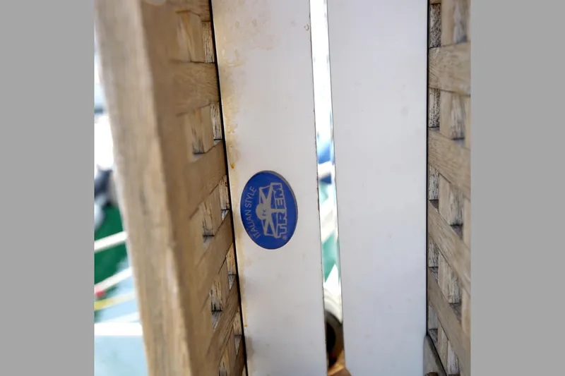  Yacht Photos Pics Close-up of a Dufour 425 GL 2007 yacht detail with a blue emblem.