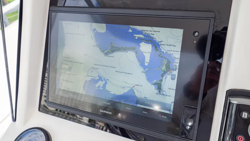  Yacht Photos Pics Garmin navigation display on 2008 Intrepid 370 Cuddy boat, showing detailed marine map.