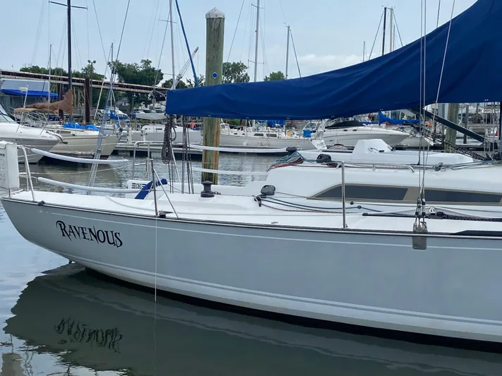 4817rf Yacht Photos Pics Sailboat "Ravenous" docked, Tartan 101 model, 2013, with blue sail cover in marina.