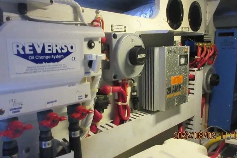  Yacht Photos Pics Electrical system components in a 2004 Carver 450 Voyager Pilothouse boat.