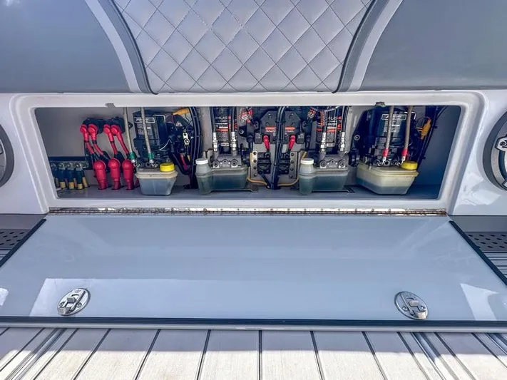 Fortuna Yacht Photos Pics 2021 SeaVee 370z boat electrical compartment with wiring and components.