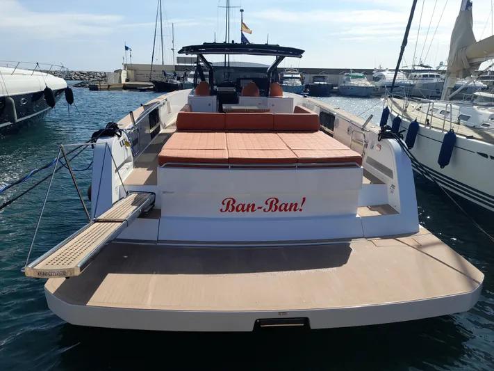  Yacht Photos Pics 2023 Pardo Yachts 50 docked, featuring spacious deck and luxurious seating.