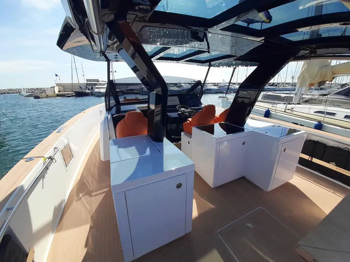  Yacht Photos Pics 2023 Pardo Yachts 50 interior with sleek design and modern amenities at a marina.