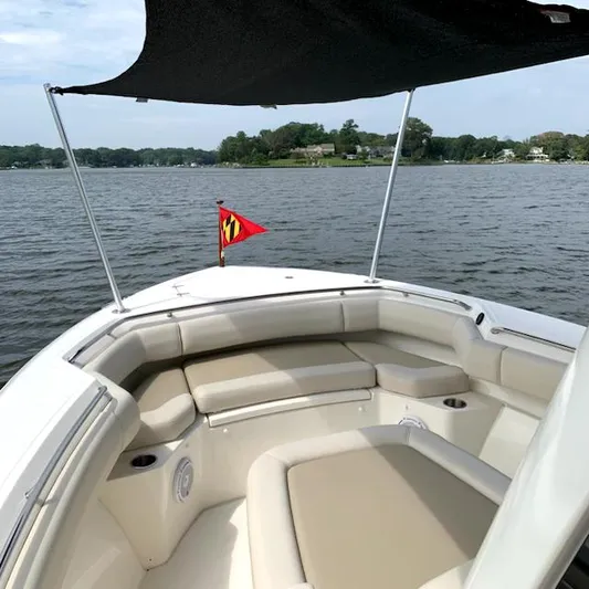 Yacht Photos Pics 2020 Boston Whaler 280 Outrage boat with shaded seating area on calm water.