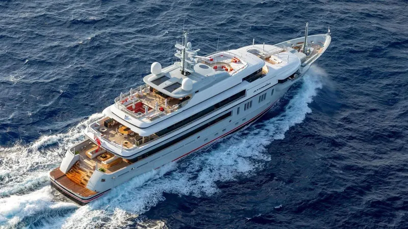 Atomic Yacht Photos Pics Luxurious 2020 VSY Custom yacht cruising on open sea, aerial view.