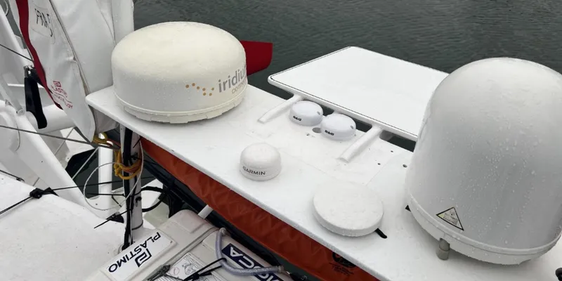 Ocean Calling Yacht Photos Pics Satellite communication equipment on a 2007 Hake/Seaward Open 60 sailboat deck.