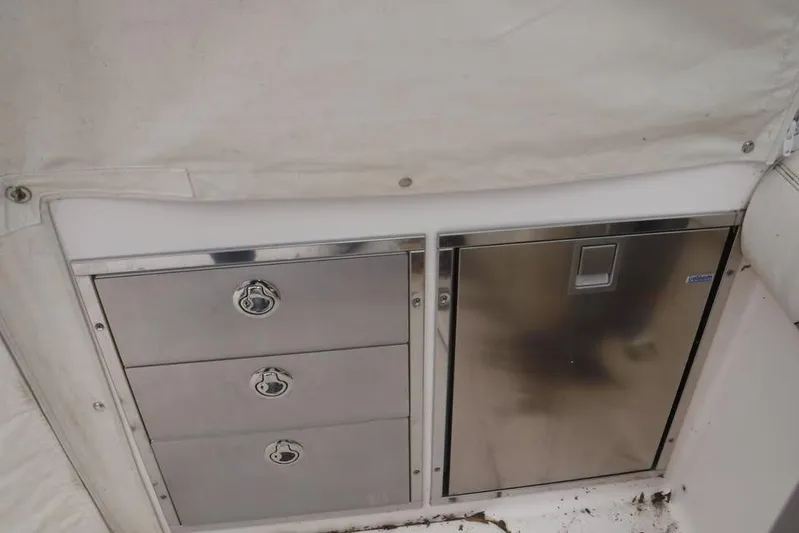  Yacht Photos Pics Stainless steel storage and fridge on 2014 Grady-White Freedom 335 boat.