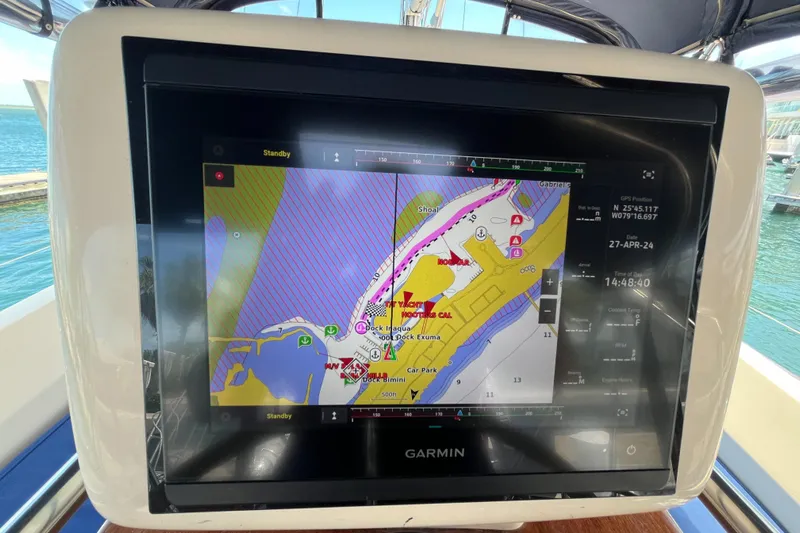 Ruby Lee Yacht Photos Pics Garmin navigation display on 2006 Island Packet 445 sailboat, showing nautical chart.