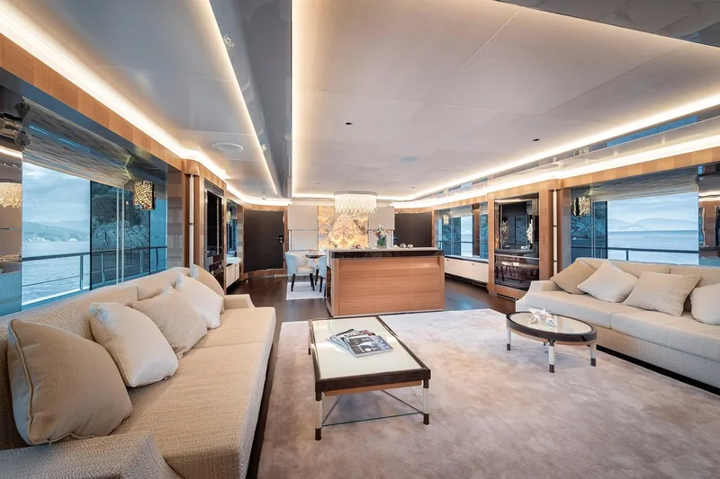 Sunrise Yacht Photos Pics Luxurious interior of 2019 Yildiz 141 yacht with elegant seating and modern decor.