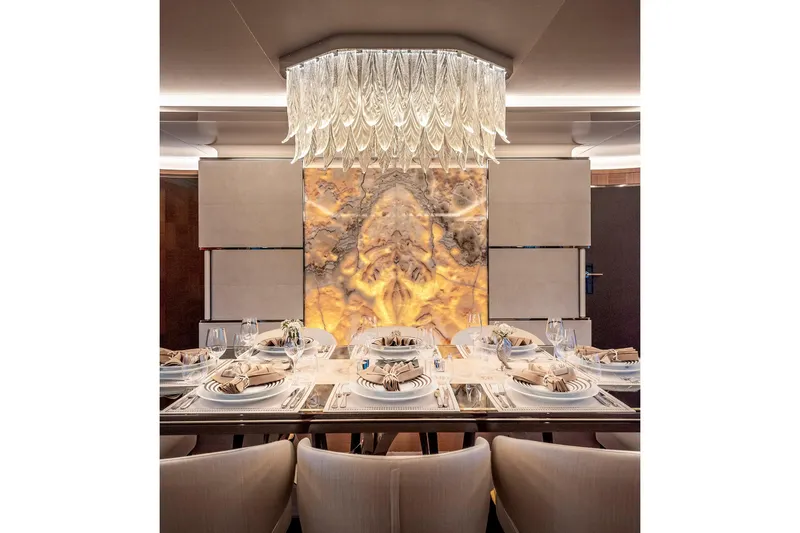 Sunrise Yacht Photos Pics Luxurious dining room with elegant chandelier and marble wall, Yildiz 141, 2019.