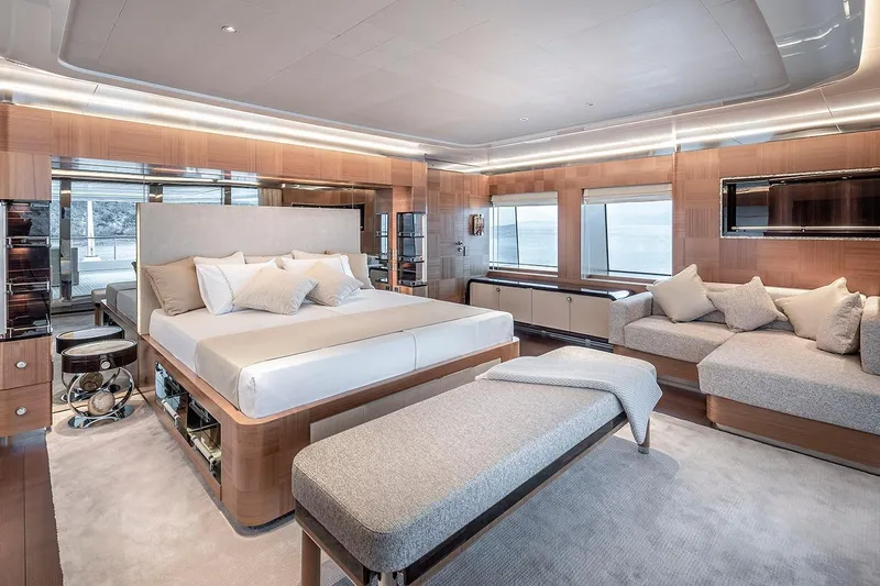 Sunrise Yacht Photos Pics Luxurious Yildiz 141 yacht interior, 2019 model, featuring elegant bedroom and seating area.