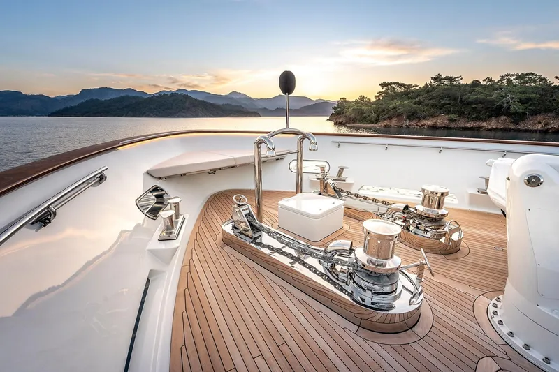 Sunrise Yacht Photos Pics Luxurious 2019 Yildiz 141 yacht deck with scenic sunset view.